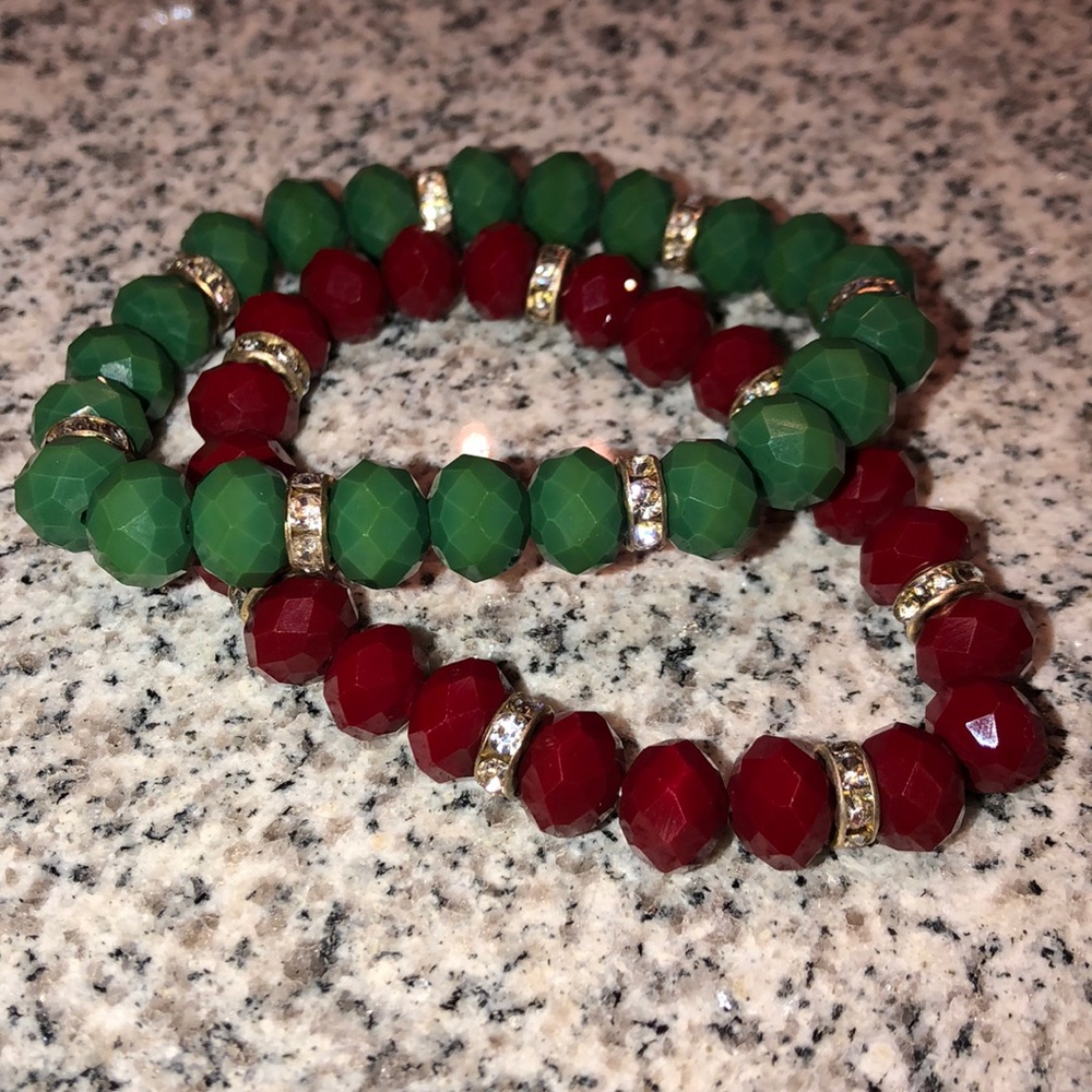 Green & Red Bracelets with Rhinestone Spacers!
